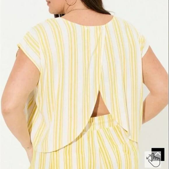 Torrid Yellow Striped Linen Cross Back Short Sleeve Crop Top Plus Size - Picture 3 of 11